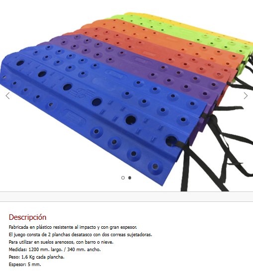 Imagen ilustrativa de Plancha de Desatasco, Color Naranja, Medidas: 1200mm Largo y 340 mm Ancho, Peso: 1,6 Kg c/plancha. Incluye 2 correas sujetadoras. Para utilizar en suelos arenosos, con barro o nieve