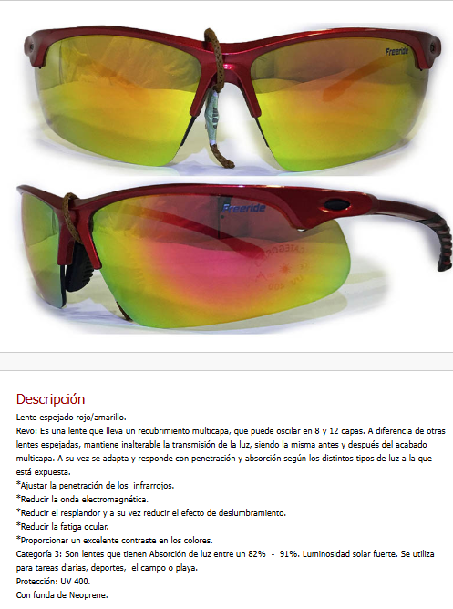 Imagen ilustrativa de Gafa Roja Metalizada con Negro - Lente Espejado Rojo/Amarillo. Revo*.  Categoria 3*. Proteccion UV 400 Con funda de Neoprene